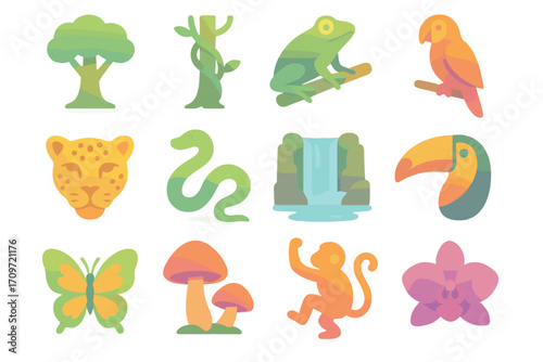 Jungle wildlife flat icons set. featuring tree, frog, parrot, leopard, snake, waterfall, toucan, butterfly, mushroom, monkey, orchid
