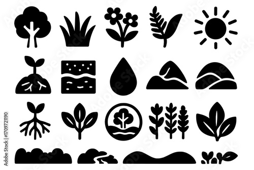 Nature and garden silhouette icon set. featuring tree, grass, flower, sun, seed, leaf, water drop, and hill symbols