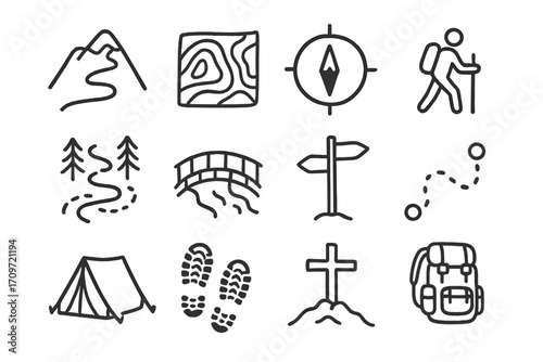 Hiking adventure linear icons set. featuring mountain, map, compass, hiker, trail, bridge, signpost, tent, boots, cross, backpack