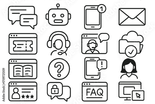 Communication and support linear icon set. featuring chat, robot, notification, email, cloud, faq, and user symbols