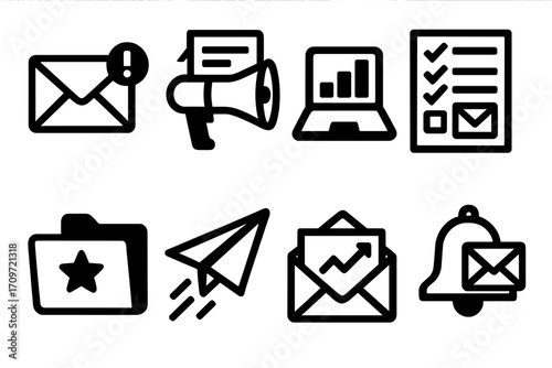 Communication and business silhouette icon set. featuring email, megaphone, analytics, checklist, and more