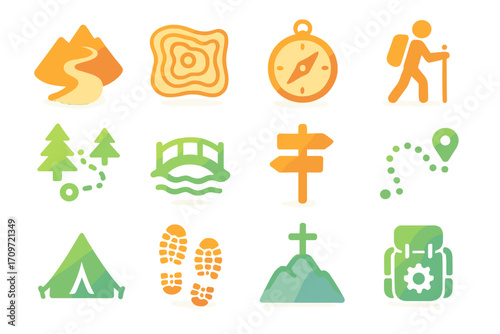 Outdoor adventure silhouette icon set. featuring hiking, camping, trail map, compass, and backpack symbols
