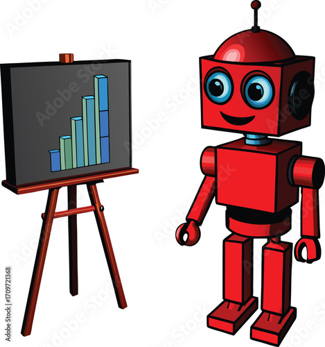 Red robot presenting a bar graph on an easel character