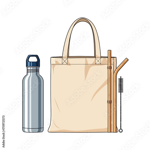A reusable tote bag, stainless steel water bottle, bamboo straws, and cleaning brush, representing an eco-friendly lifestyle.
