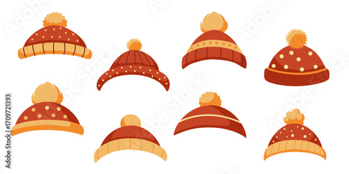 Set of winter knitted hats with pompoms - vector illustration of warm hats for Christmas and New Year designs, children's pictures, holiday characters and winter decor