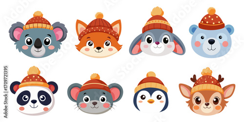 Cute cartoon animals in winter hats vector illustration set, adorable woodland and arctic characters. Isolated on a white background.