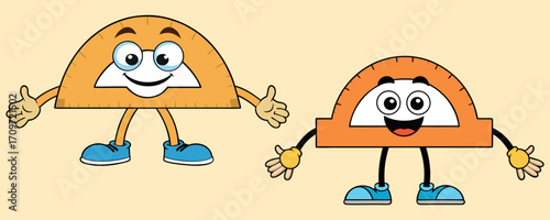 Cartoon Protractor Characters – Cute Funny Stationery Illustration, Child Friendly Tools Cartoon Design, Smiling Measurement Tools Comic, Kids Classroom Geometry Art

