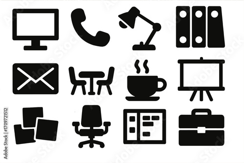 Office essentials silhouette icons set. including monitor, phone, lamp, desk, coffee, chair, briefcase, and more