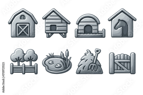 Farmyard and nature linear icon set. featuring barn, stable, kennel, horse house, orchard, pond, haystack, gate