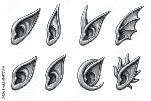 Fantasy ear silhouette icon set. featuring elf, fae, pixie, dragon, and demon ear designs