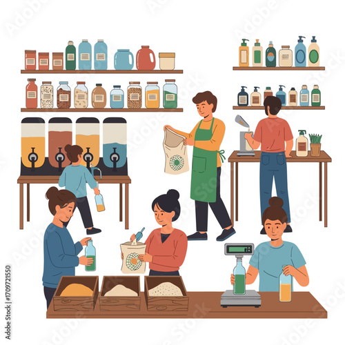 People shopping and working in a modern, eco-friendly bulk food and zero-waste store, refilling containers.