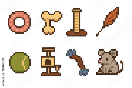 Pet supplies pixel art icon set. featuring donut, bone, scratcher, feather, ball, toy, and mouse symbols