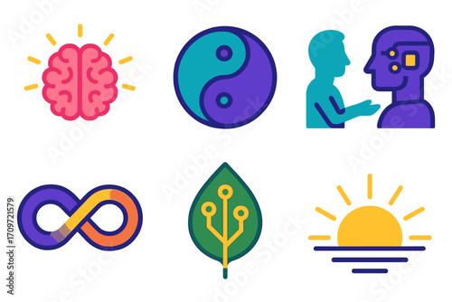 Philosophy and science flat icon set. brain, yin yang, ai, infinity, nature, sun concept