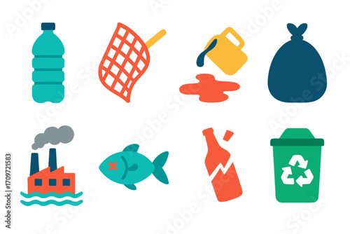 Environmental issues neon silhouette icons set. featuring pollution, recycling, waste, factory, and oil spill symbols