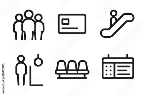 Transportation linear icon set. featuring commuter, public transport card, escalator, standing passenger, seating, timetable