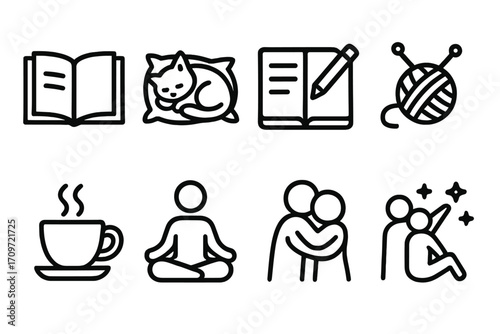Hobby and leisure linear icon set. featuring book, cat, journal, knitting, tea, meditation, hugging, and stargazing symbols