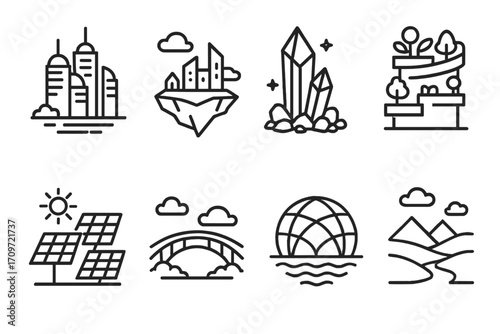Futuristic landscape linear icon set. featuring cityscape, floating island, crystals, plants, solar, bridge, dome, mountains