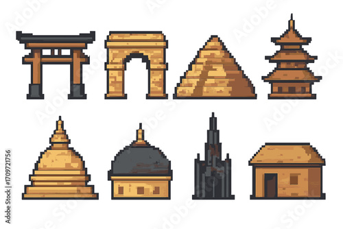 Historic architecture pixel icon set. featuring torii, arch, pyramid, pagoda, stupa, dome, cathedral, and hut