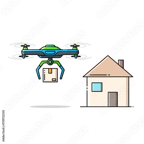A drone delivering a package to a house, illustrating modern delivery services.