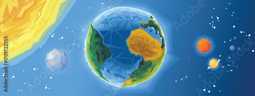 Solar system view with planet Earth in center surrounded by geometric planets, sun, and stars in space - stylized vector illustration