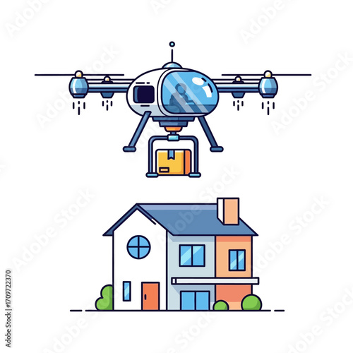 A futuristic drone delivering a package to a modern house, illustrating automated delivery services.