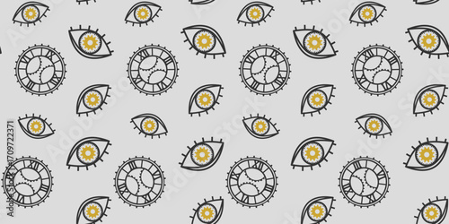 Eyes and dials with gears and cogwheels on a light gray background. Stylish endless texture with unusual ornament. Mechanism. Steampunk. Vector seamless pattern for wrapping paper, giftwrap, printing