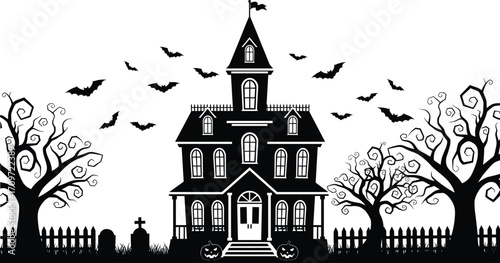 Haunted house with bats, creepy trees, pumpkins, and graveyard fence in spooky Halloween night scene vector illustration for scary design.