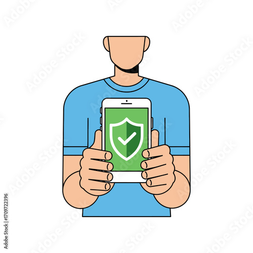 Person holding a smartphone with a green shield and checkmark on the screen, symbolizing security.