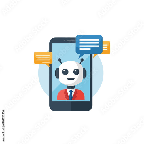 A friendly robot avatar wearing a suit and tie appears on a smartphone screen, with chat bubbles indicating communication.