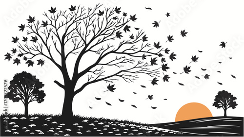 Stylized Autumn Landscape with Windswept Tree and Falling Leaves at Sunset, Black and White Graphic Illustration