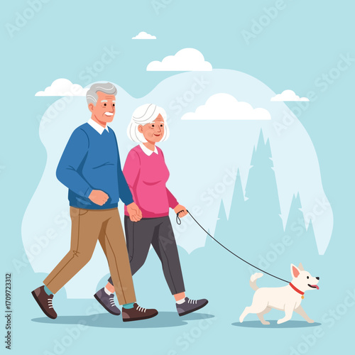 An elderly couple enjoys a healthy walk outdoors, holding hands while walking their small white dog on a leash.