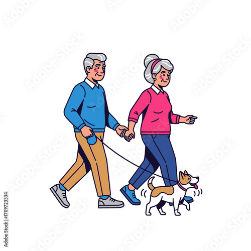 Elderly couple holding hands while walking their dog on a leash.
