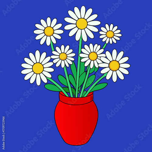 A bouquet of white daisies in a red vase on a blue background