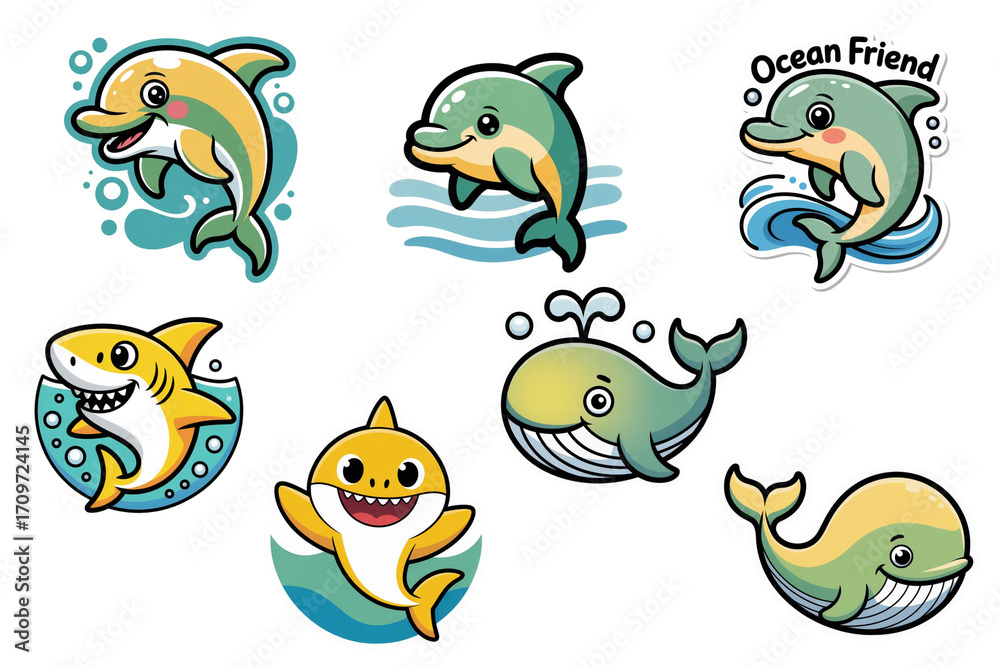 Fototapeta premium set of cartoon images of sharks, whales and dolphins, on white background, isolate, sea creatures, ocean animals