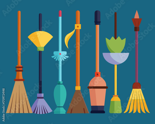 Collection of colorful cleaning tools and brooms on a blue background