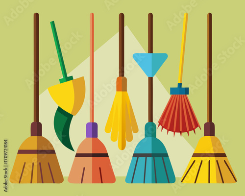 Collection of colorful flat design brooms and cleaning tools