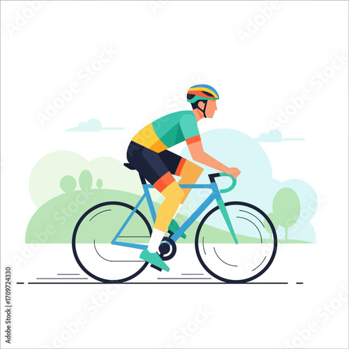A cyclist wearing a helmet and sportswear riding a blue bicycle on a sunny day.