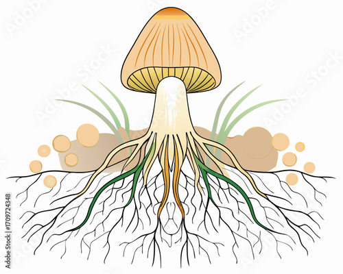 Illustration of a mushroom with visible roots and underground mycelium network