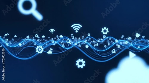 Wallpaper Mural Dynamic Wave of Blue Icons: Connectivity, Innovation, and Digital Transformation Visual Torontodigital.ca