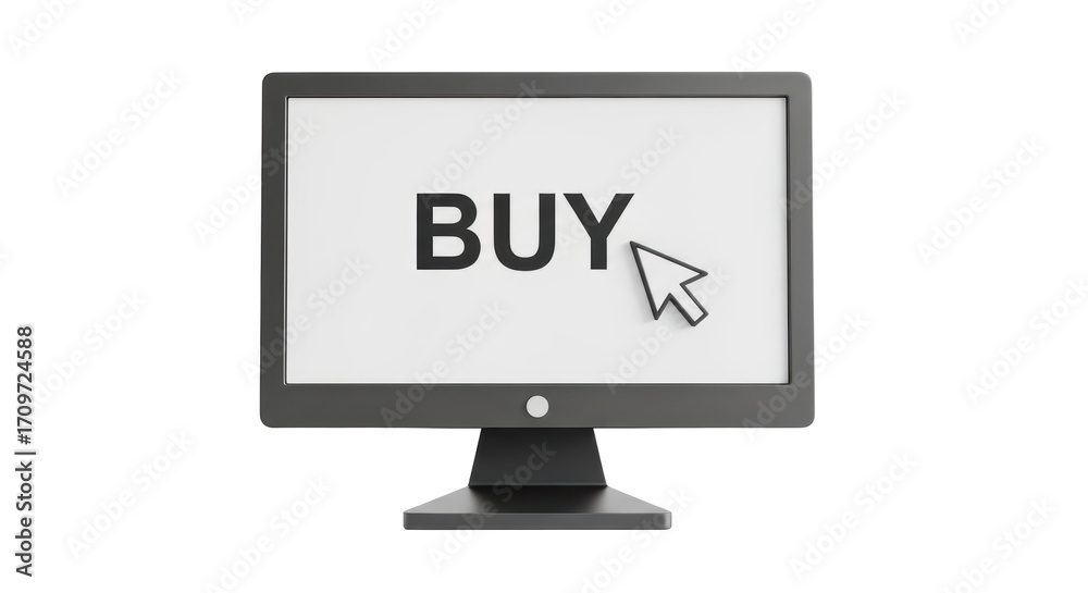 Isolated computer monitor displays the word buy with a cursor ready to make purchase