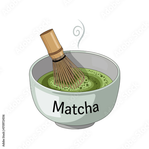 An illustration of a steaming bowl of matcha green tea being prepared with a traditional bamboo whisk.