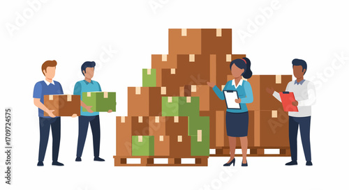 Warehouse workers and a manager overseeing the inventory and logistics of packaged goods.