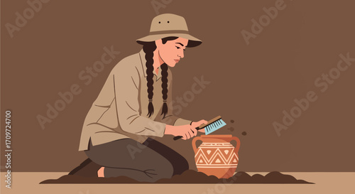 An archaeologist carefully excavates an ancient artifact, meticulously brushing away dirt to reveal its intricate design.