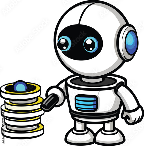 White robot holding a stack of coins with a blue orb