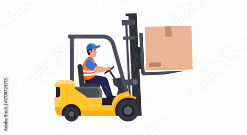 A worker operating a forklift, lifting a large cardboard box.