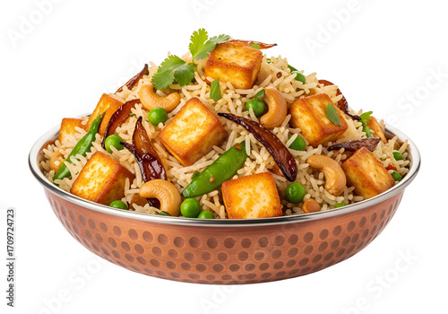 A delectable dish of flavorful paneer biryani, showcasing golden paneer cubes, mixed with fragrant rice, peas, cashews, and spices, served in a copper-colored bowl against a dark background.