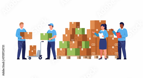 Warehouse team managing inventory, with workers moving and stacking cardboard boxes for shipping and distribution.