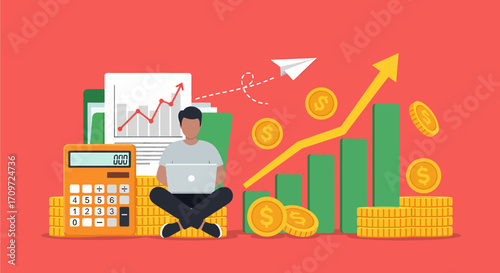 A person sitting cross-legged with a laptop, surrounded by financial elements like a calculator, charts, coins, and a rising graph.