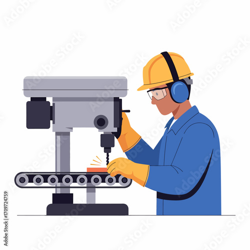 Worker operating a drilling machine in a factory setting.