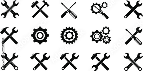 Tool set icons vector wrench hammer screwdriver gear repair